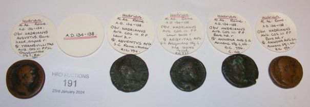 Five Roman AS coins - Hadrian (AD132-138)