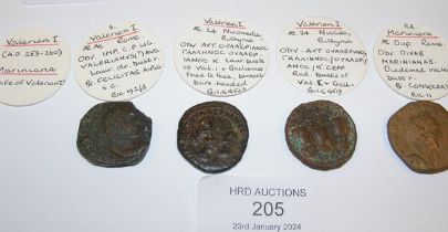 Three Roman coins of Valerian I and one Mariniana