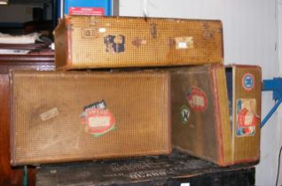 Three old suitcases with original Cunard Line stic