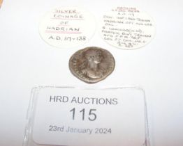 An approx. 20mm diameter Roman silver coin, Hadria