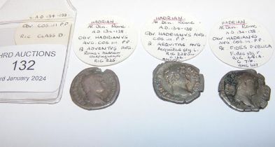 Three Roman silver coins, Hadrian (AD117-138) - each approx. 2.