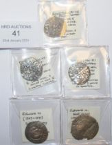 Four Edward III silver pennies, together with an E