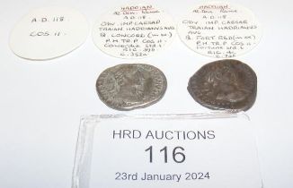 Two approx. 20mm diameter Roman silver coins, Hadr