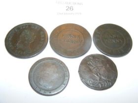 Five various Irish Bank and Trade tokens