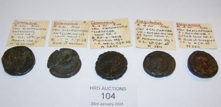 Three Roman coins of Commodus (AD180-192) and two
