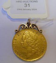 A 1739 George II gold two guinea coin with pendant moun