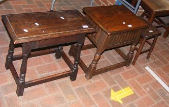 Three oak stools, one with lift-up lid