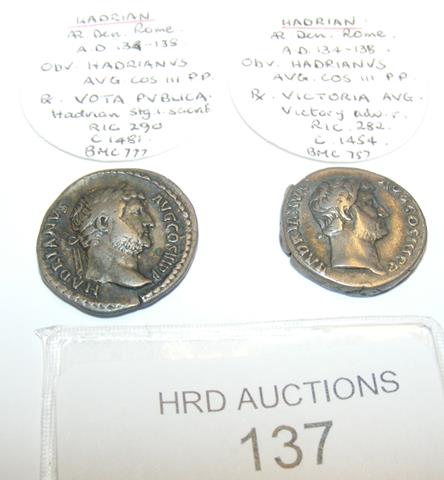 Two Roman silver coins, Hadrian (AD117-138) - each