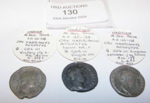 Three Roman silver coins, Hadrian (AD117-138) - ea