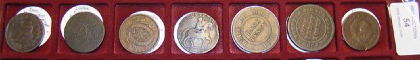 Seven various token coins including Isle of Man bank pen