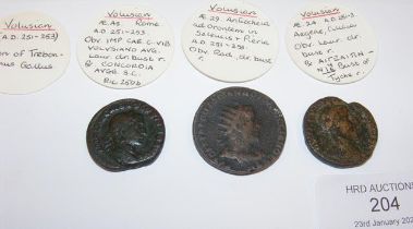 Three Roman coins of Volusian (AD251-253)