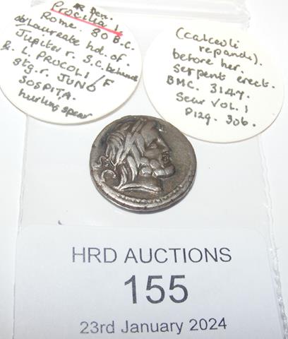 An approx. 18mm diameter Roman silver coin of Proc