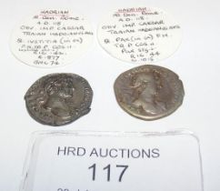 Two approx. 20mm diameter Roman silver coins, Hadr