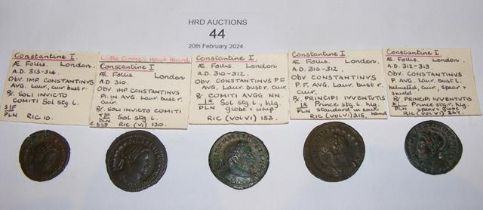 Five Roman Follis coins of Constantine I, The Grea
