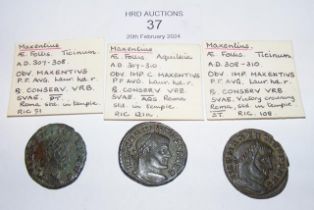 Three Roman Follis coins of Maxentius (AD306-312)