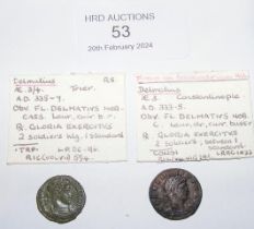 Two Roman AE3/4 Follis coins of Delmatius, as Caes