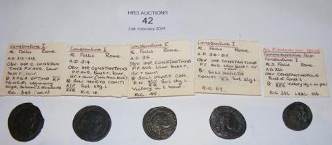 Five Roman Follis coins of Constantine I, The Grea