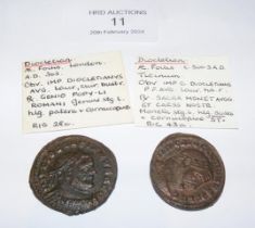 Two Roman Follis coins of Diocletian (AD284-305)