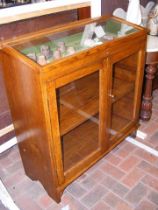An oak display cabinet with glazed hinged top and