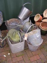 Assorted galvanised buckets and watering cans