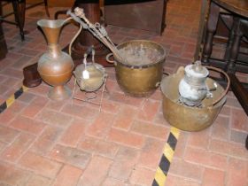 Assorted metal ware including brass cooking pot an