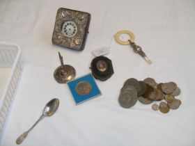 A silver pocket watch case, ring stand etc.