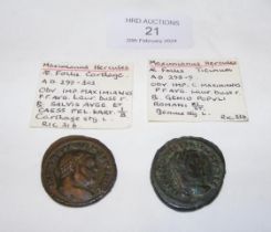 Two Roman Follis coins of Maximianus Hercules (AD2