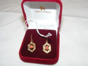 A pair of coral and seed pearl drop earrings