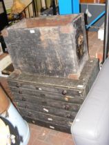 A vintage wooden tool chest, together with wooden