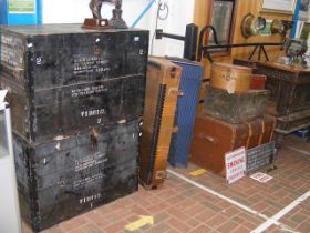 Various old travelling trunks, wooden and metal bo