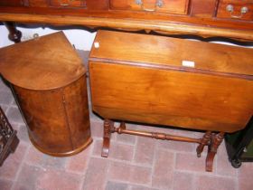 An antique Sutherland table together with a small walnut hanging corner cabinet