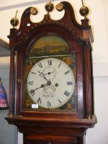 An antique oak cased Grandfather clock with painte