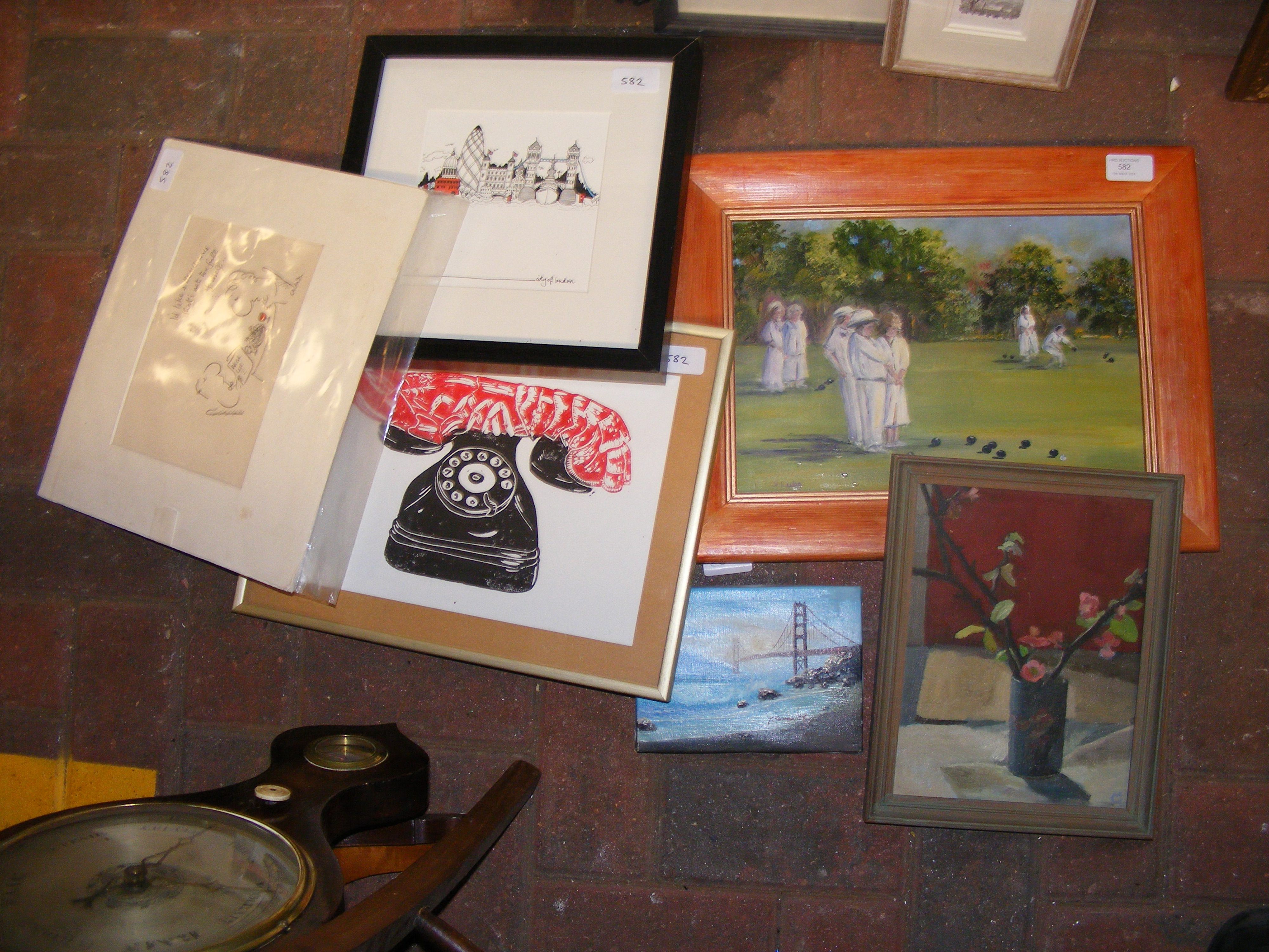 Assorted pictures, including oils, woodblock print