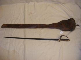 An antique sword with pierced guard and wooden gri