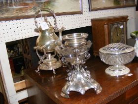 A cut glass bowl on silver plated stand etc.