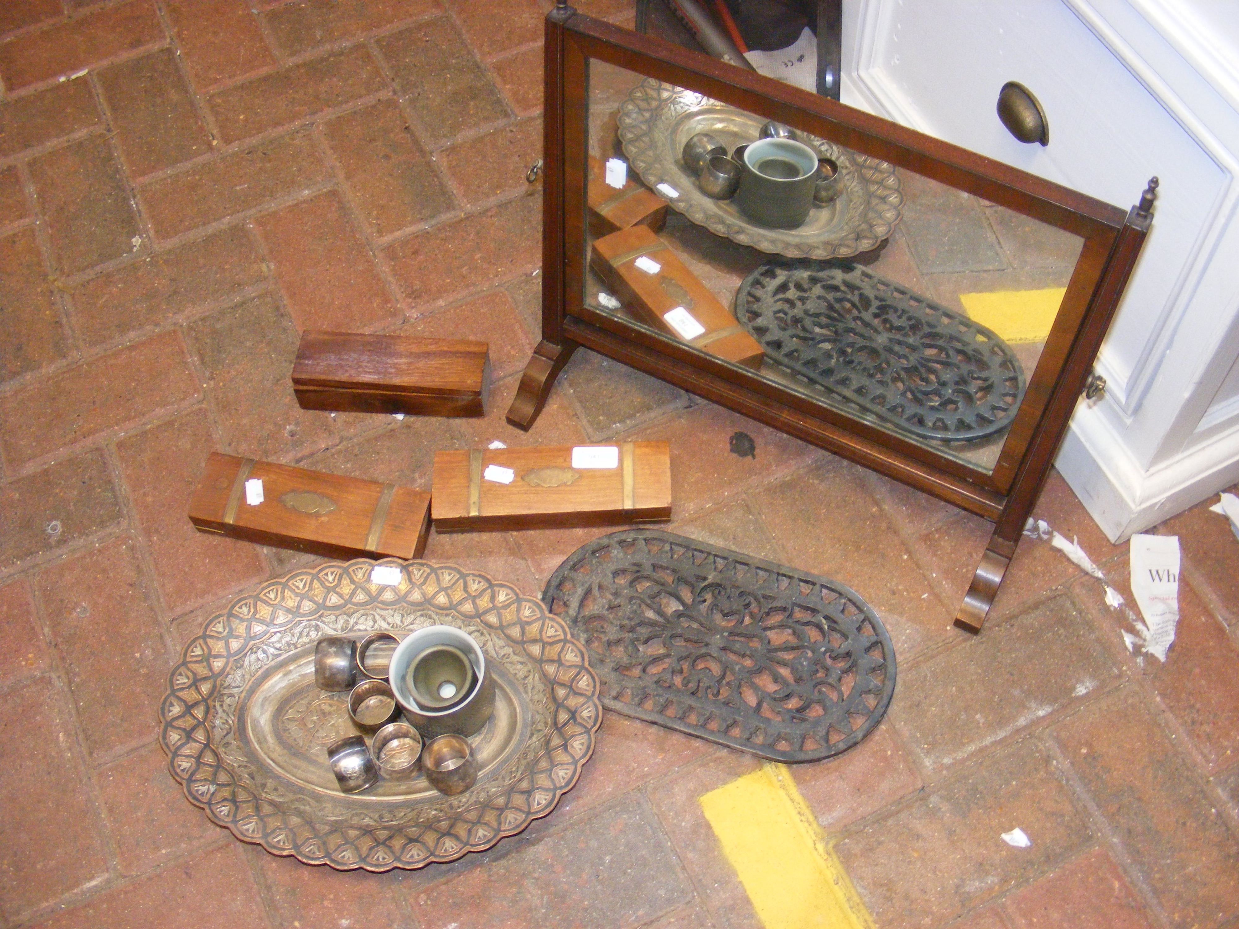 An antique toilet mirror, assorted treen and metal