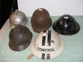 Old military helmets, etc. (five in total)