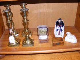 Two pairs of brass candlesticks, Staffordshire pot