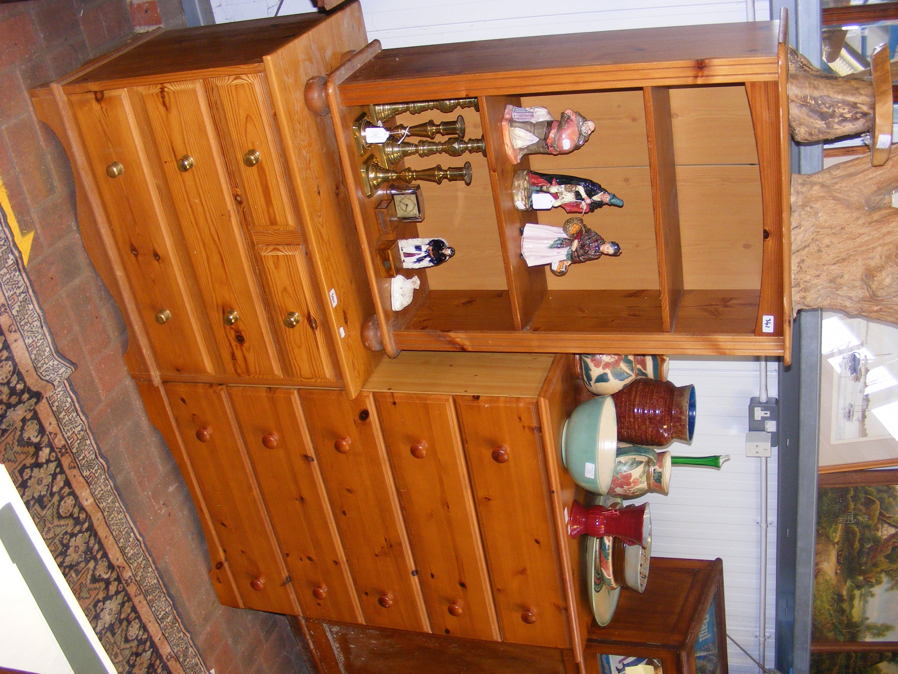 A lacquered pine chest of five drawers, together w