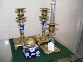 A pair of decorative antique candlesticks, togethe