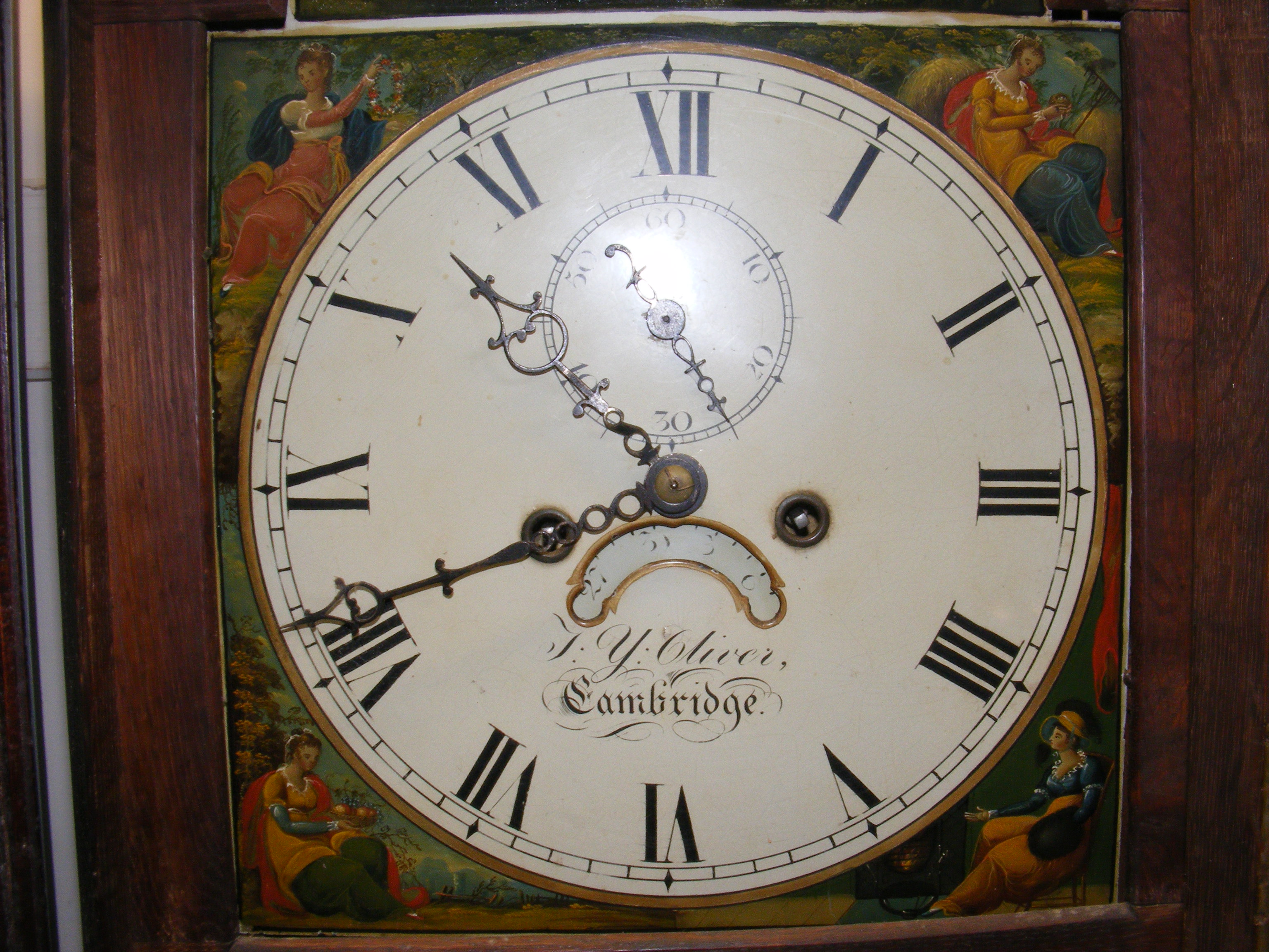 An antique oak long case clock with painted arch d - Image 6 of 13