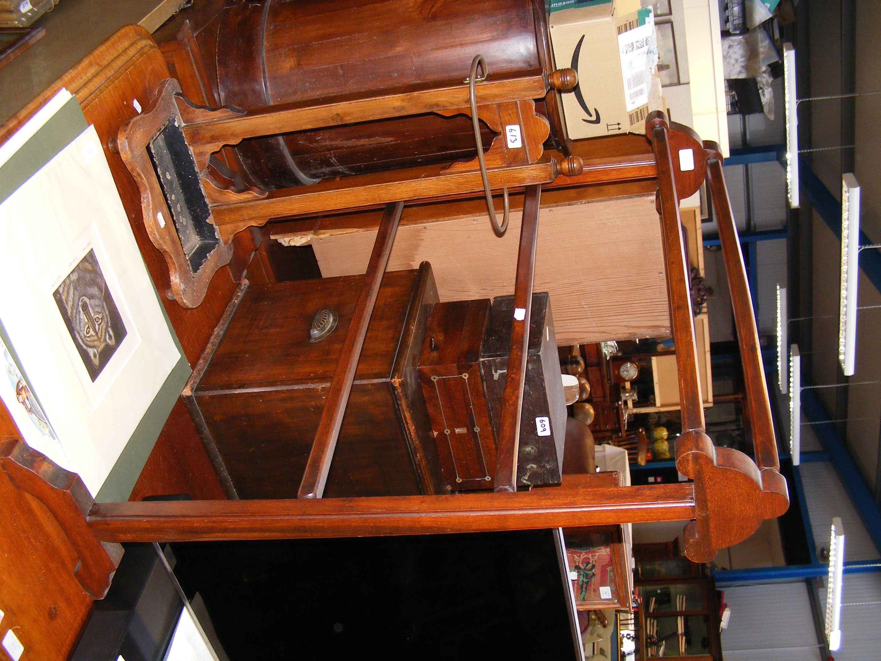 A mahogany towel rail, together with oak umbrella