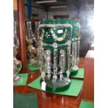 A green glass lustre with floral decoration - heig