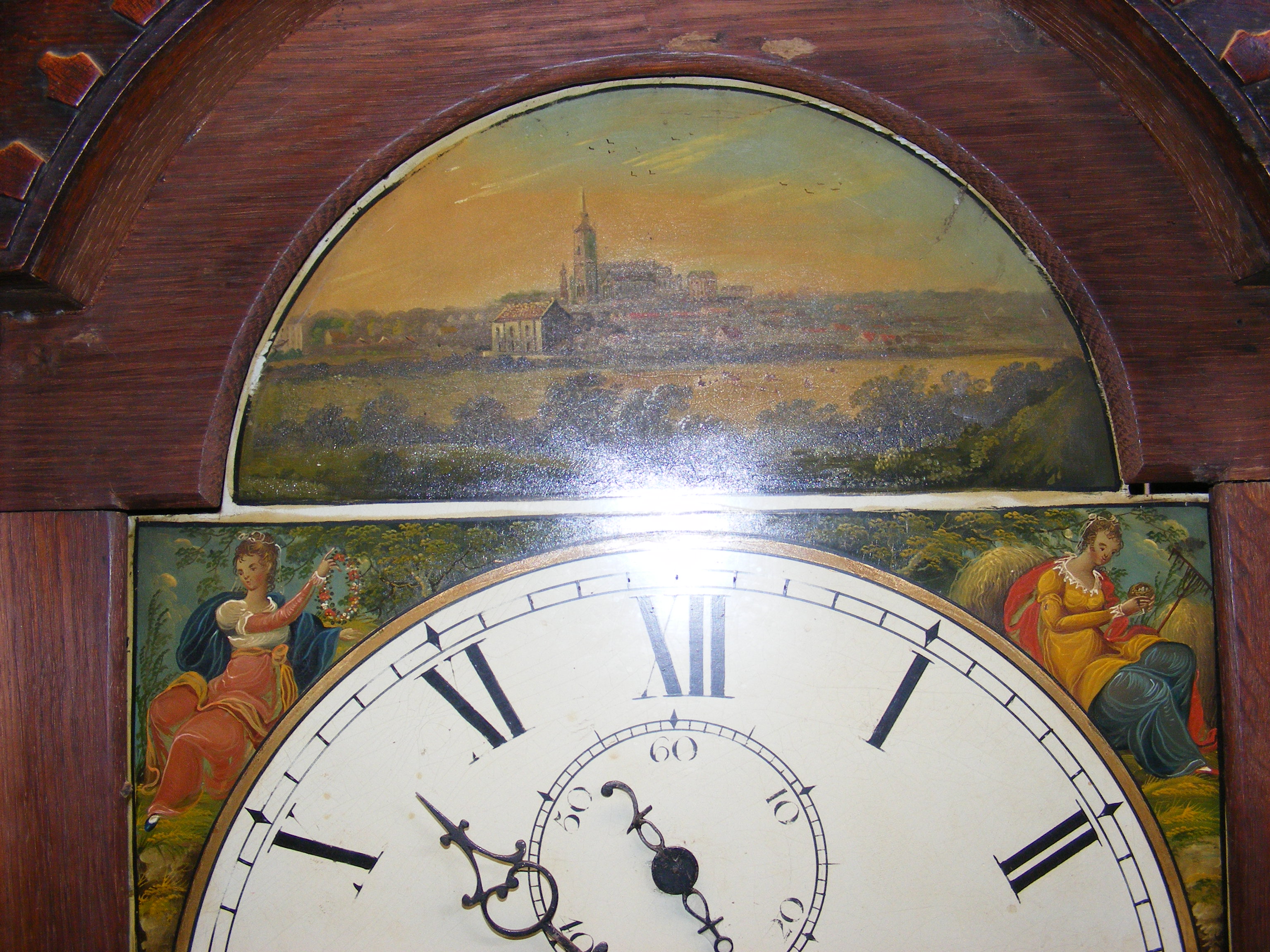 An antique oak long case clock with painted arch d - Image 5 of 13