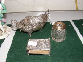 A silver two handled bon bon dish, matchbox holder
