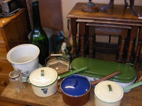 Assorted enamel kitchen pans, together with decora