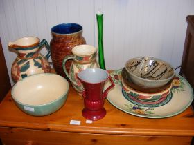 Assorted studio pottery and a twist glass vase