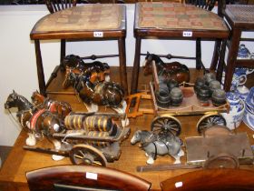 Assorted shire horse ornaments, some with carts