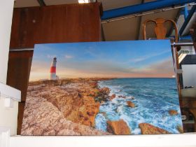 A lighthouse and shore blue canvas artwork - heigh