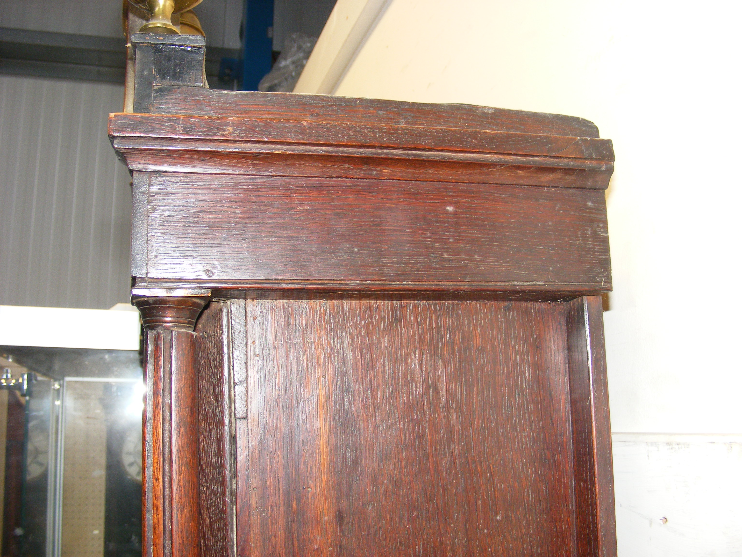 An antique oak long case clock with painted arch d - Image 12 of 13
